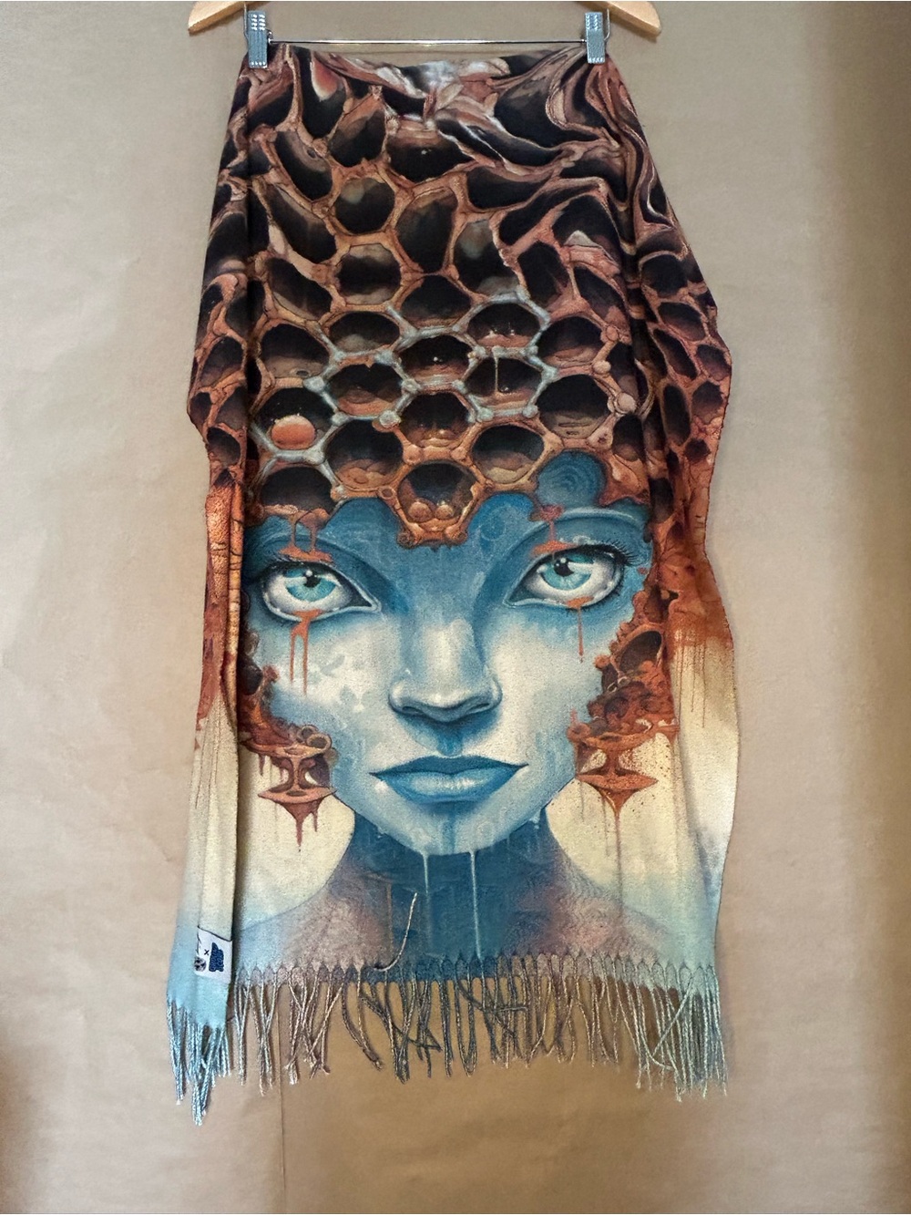 Lena Who x My Ground Score Surreal Woman Honeycomb Art Fringe Scarf Wrap